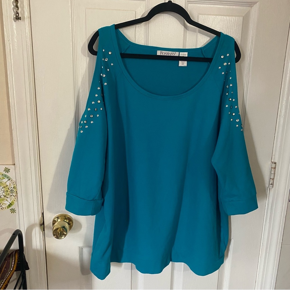 ROAMANS 1X Turquoise Blue Rhinestone Studded Bling Cold Shoulder Sweatshirt Top